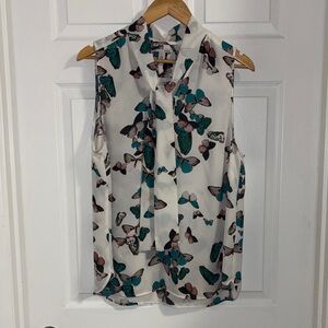 Halogen butterfly blouse neck-tie sleeveless white/teal/grey/pink pattern